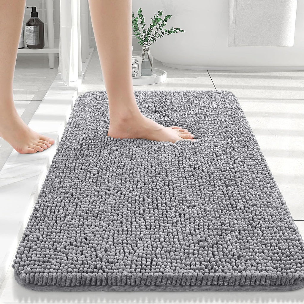 OLANLY Chenille Bath Rug & Shower Curtain Set - Soft Grey Rug 30x20 in & Elegant Black/Grey Curtain 72x72 in