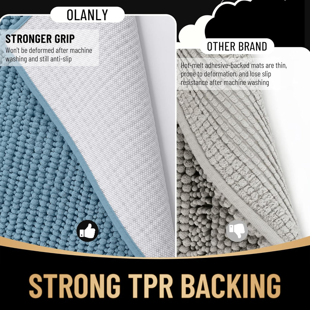OLANLY Thick Bathroom Rugs - Extra Soft Chenille Mats with Rubber Backing | 24x16, Airy Blue