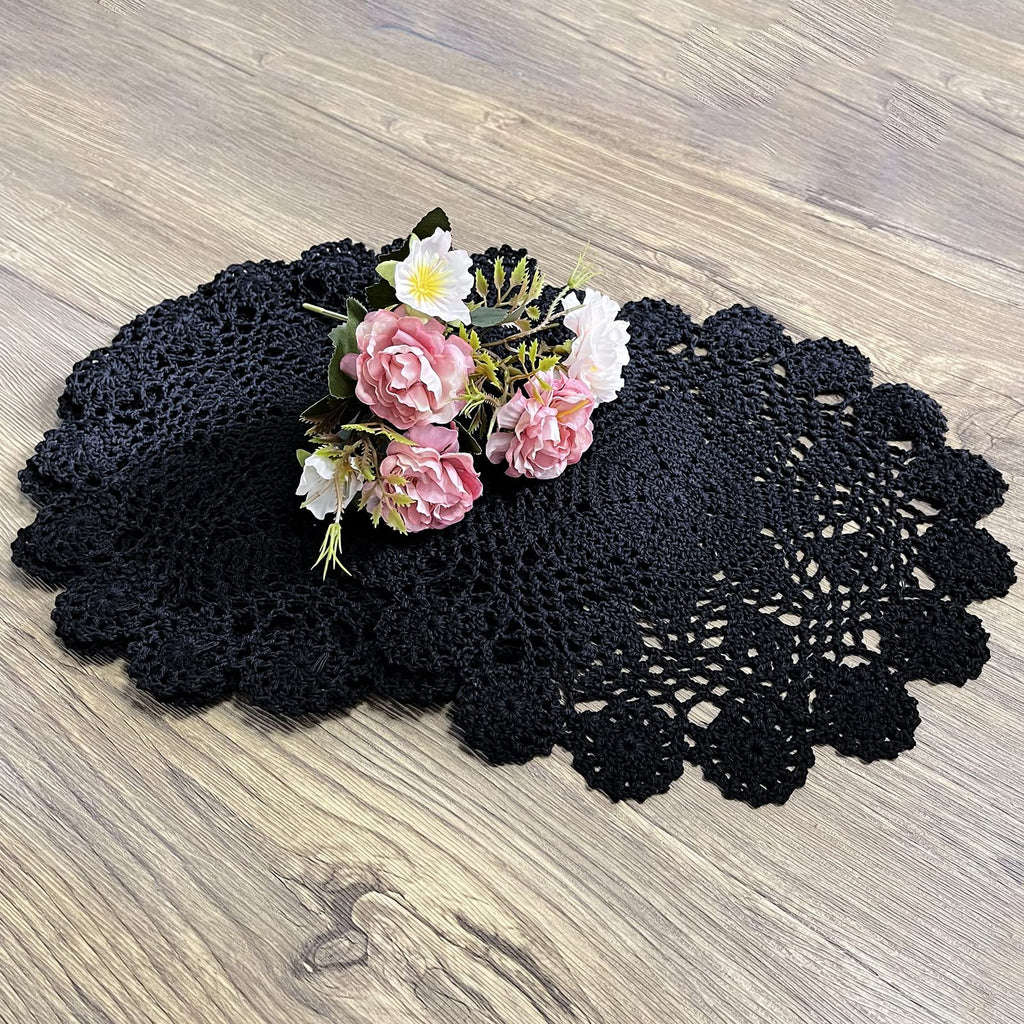 Phantomon 12 Inch Round Doilies Crochet Handmade Lace Placemats 100% Cotton Knitted Coasters, Pack of 4 (Black)