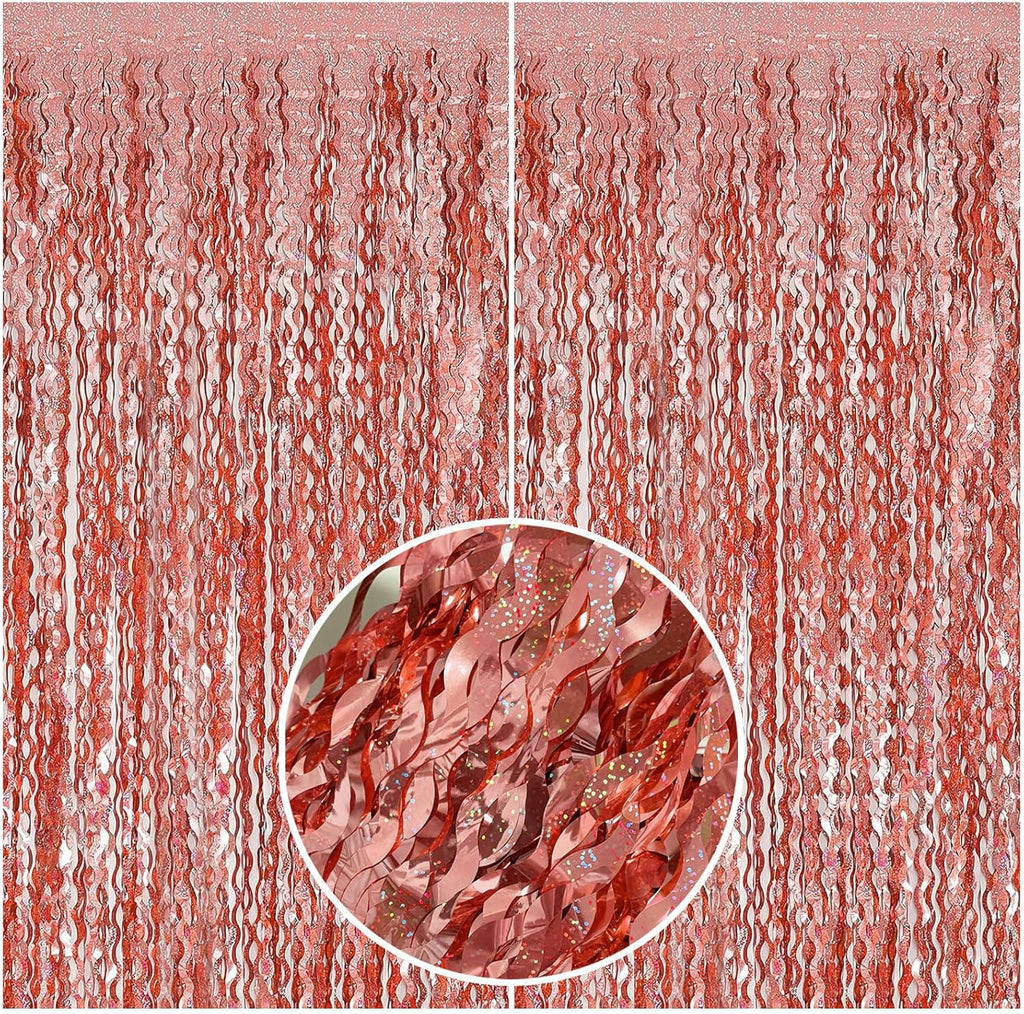 Rose Gold Tinsel Foil Fringe Curtains - Sparkling Wavy Backdrop for Parties & Events | Photo Booth Decor