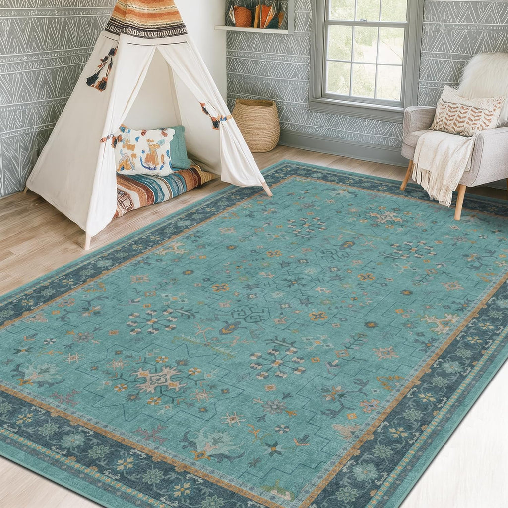 Skiennix 5x7 Teal Rug - Modern Boho Turquoise Low-Pile Carpet | Washable Non-Slip Design