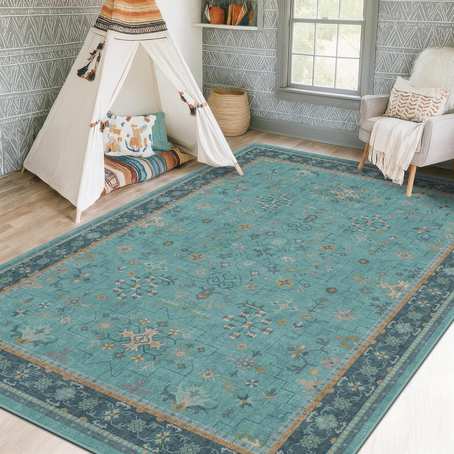 Skiennix 5x7 Teal Rug - Modern Boho Turquoise Low-Pile Carpet | Washable Non-Slip Design