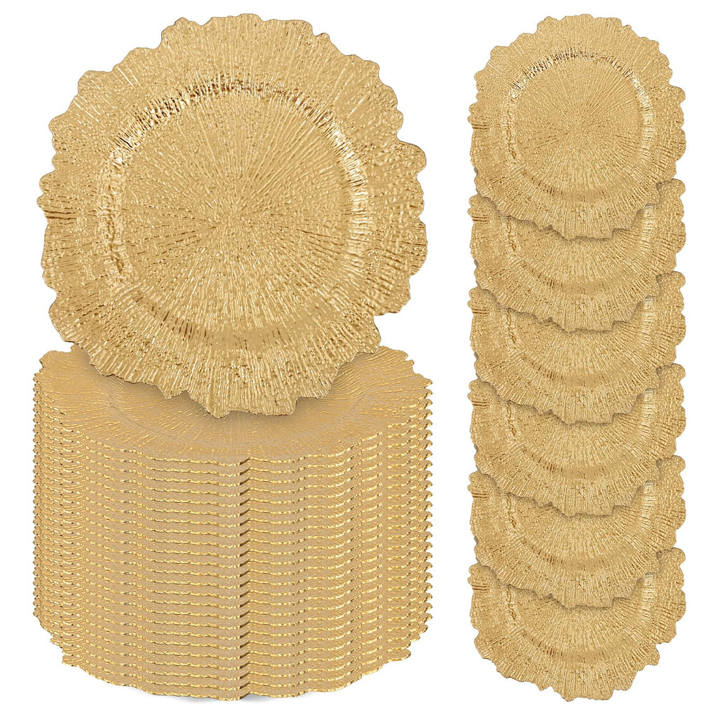 24 Pcs Gold Charger Plates Bulk, 13" Reef Plate Chargers for Dinner, Plastic Floral Decorative Plates for Table Setting, Wedding, Party, Event, Decoration