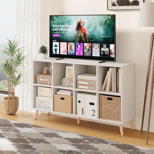 Flrrtenv 8-Cube Bookshelf - Modern 2-Tier Wood Storage Organizer | 47" Freestanding White Bookcase