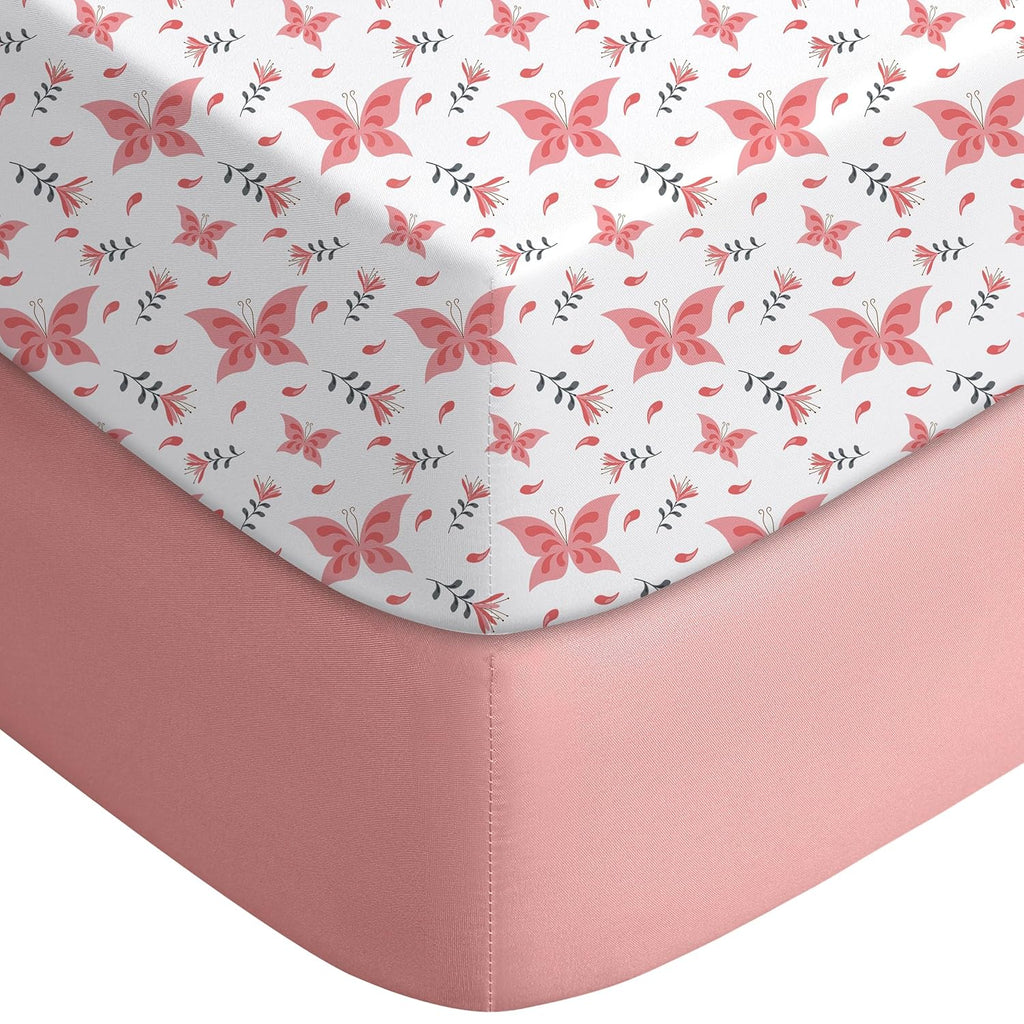 Yoofoss Fitted Pack and Play Sheets - Soft, Stretchy Mini Crib Sheets 2-Pack (Pink + Butterflies)