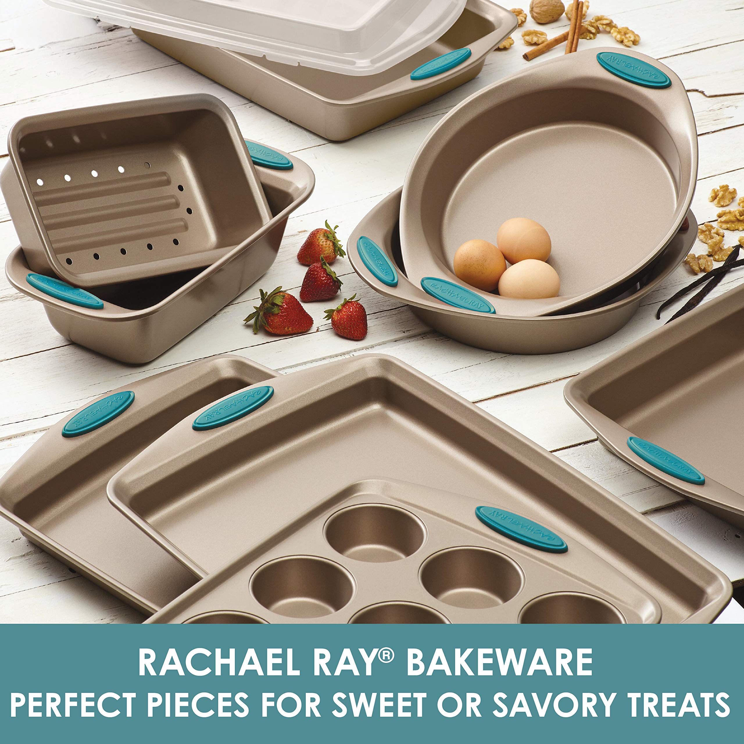 Rachael Ray 46179 Cucina Nonstick Bakeware Set with Grips - 5 Piece, Latte Brown & Cucina Nylon Nonstick Utensils/Fish Turner, Spatula, Solid and Slotted Spoons, 4 Piece, Agave Blue