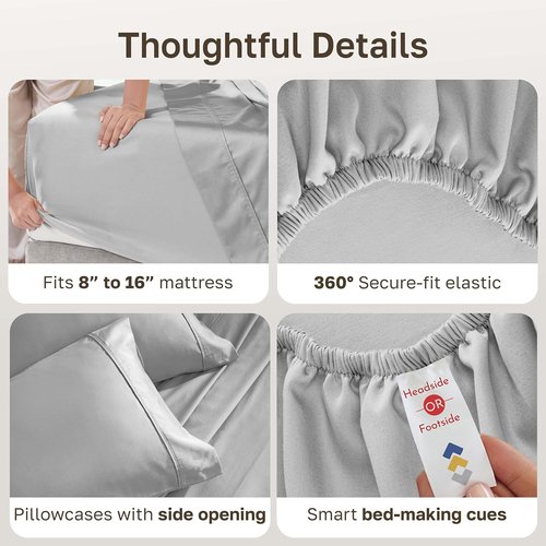 California Design Den Queen Size Cotton Sheets Set - 100% Soft Cotton, 400 TC, Silky Smooth, Deep Pockets - Light Grey
