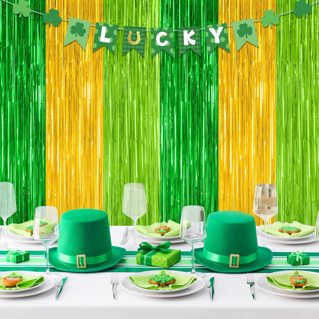 St. Patrick's Day Party Decorations - 2 Pack Green & Gold Metallic Backdrop Curtains | 3.28 FT x 7.05 FT