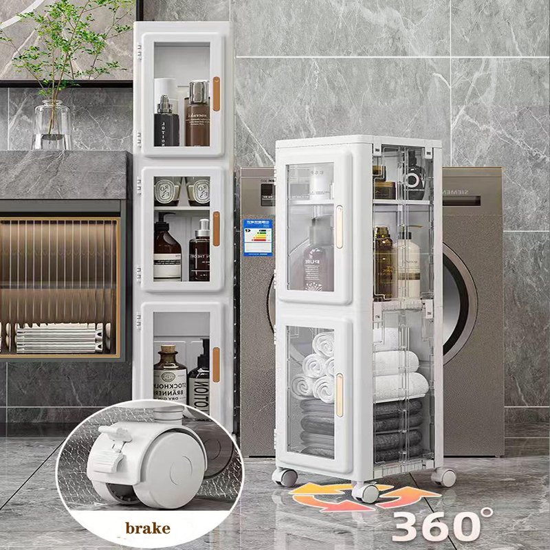 LXSJCYGJ 2-Tier Tall Narrow Storage Cabinet,Narrow Bathroom Storage Cabinet with Transparent Doors and Movable Wheels,Suitable for Small Spaces, Bathrooms, Kitchens, White (9.8x11.8x34.6)