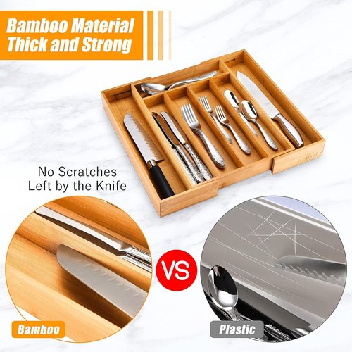 Bellsal Bamboo Utensil Holder - Expandable Silverware Organizer for Kitchen Drawers | Cutlery Tray
