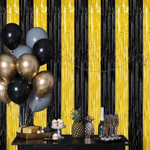 2 Pack Black and Gold Foil Fringe Curtains by [Brand Name] - Graduation Backdrop 3.28 FT x 7.05 FT | Class of 2026 Party Decorations