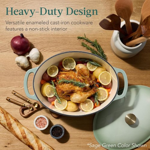 Best Choice Products Oval 7.5 Quart Enamel Cast-Iron Dutch Oven - Heavy-Duty Pre-Seasoned Cooking in Deep Olive Green