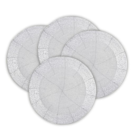 Lightnpro Beaded Placemats Set of 4-13 Inch Round Handmade Table Chargers - Rustic Farmhouse Glitz Table Décor for Dining Room, Christmas, Thanksgiving, Easter & Special Events- Whitish Silver