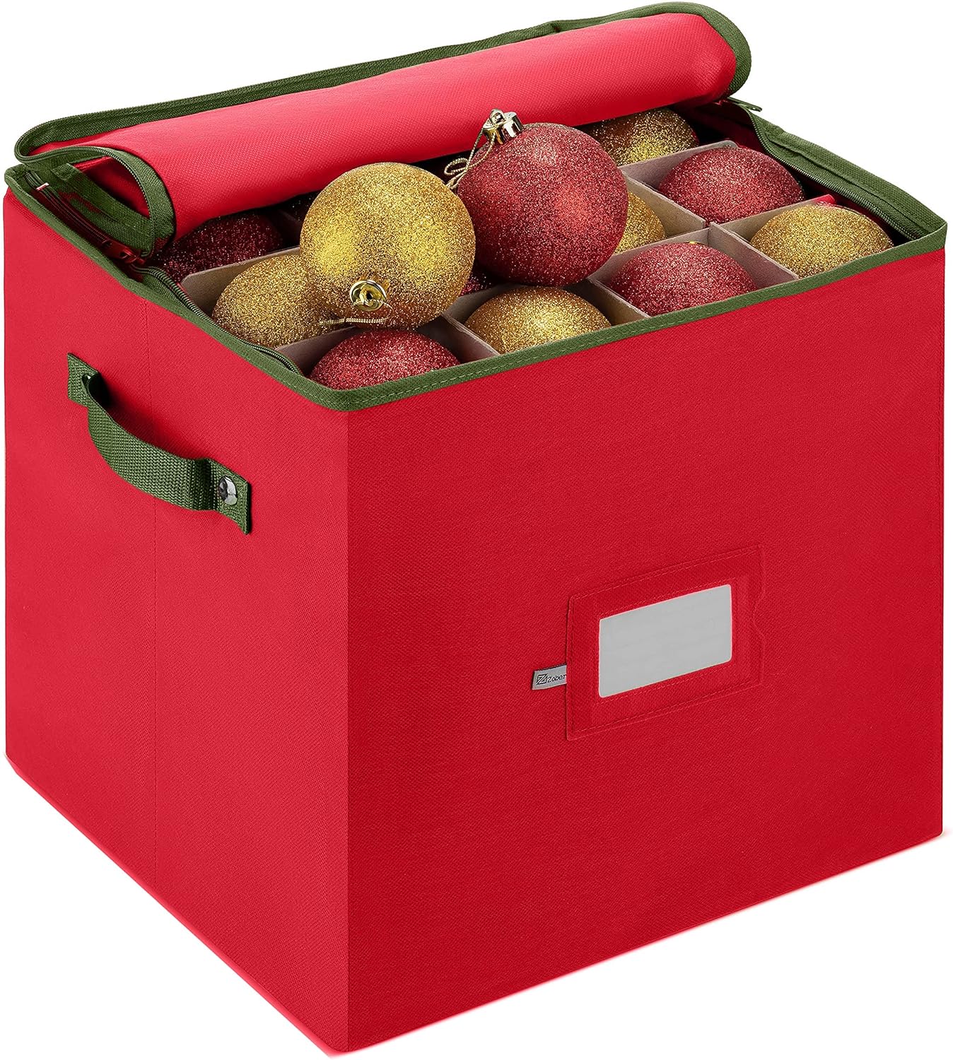 ZOBER Christmas Ornament Storage Box - Holds 64 3-Inch Ornaments with Dividers - Durable Red Organizer