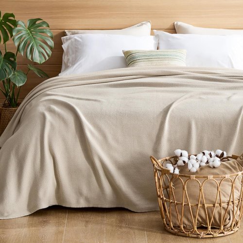 Bedsure GentleSoft 100% Cotton Blanket - Lightweight & Breathable Queen Size Herringbone Woven, Linen Beige, 90x90 Inches