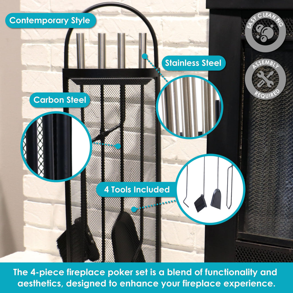 Sunnydaze 4-Piece Fireplace Tool Set with Stand - Indoor Hearth Accessories and Mesh Shroud Holder