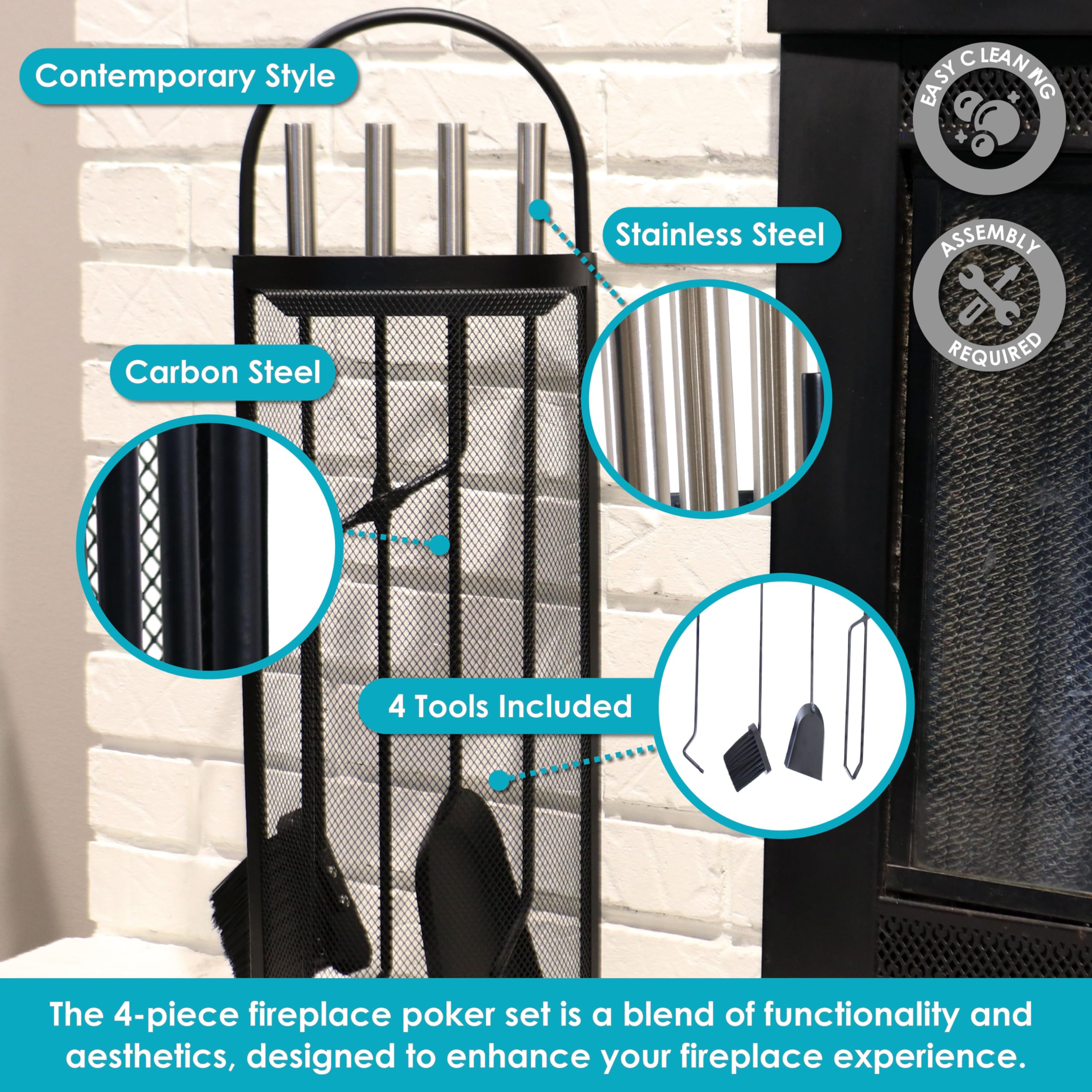 Sunnydaze 4-Piece Fireplace Tool Set with Stand - Indoor Hearth Accessories and Mesh Shroud Holder