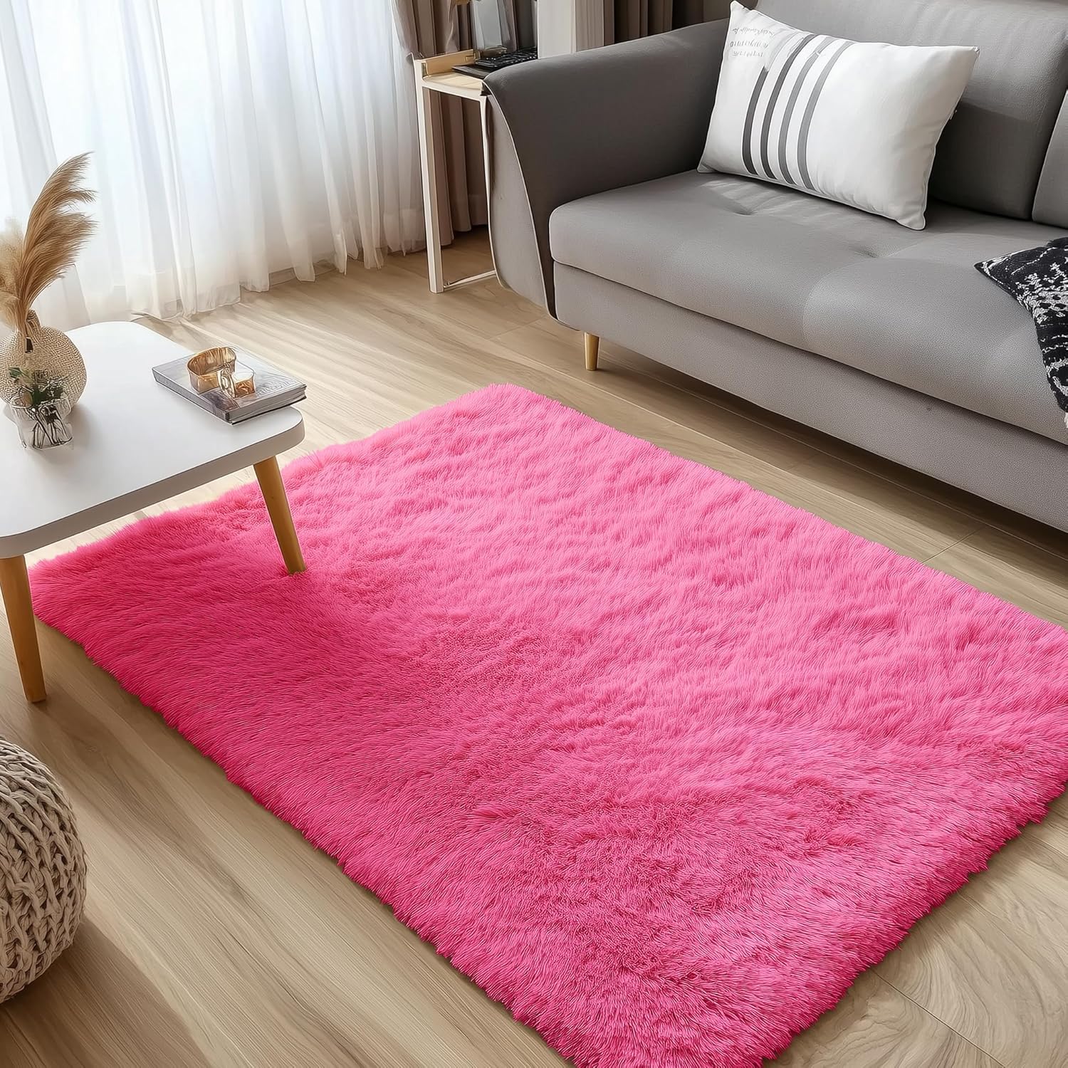 OLANLY Soft Fluffy Shaggy Bedside Rug - Machine Washable 3x5 Hot Pink Carpet for Kids & Nursery Decor