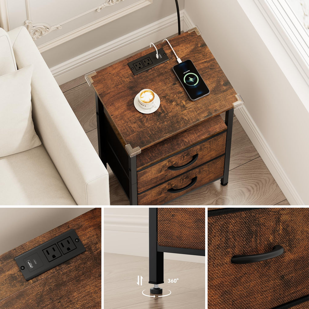 Vagusicc Night Stand Bedside Table Bedroom, LED Nightstand with Charging Station, End Table with USB Ports & Outlets, 24.2" Tall Bed Side Table with 2 Fabric Drawers and Storage Shelf, Rustic Brown