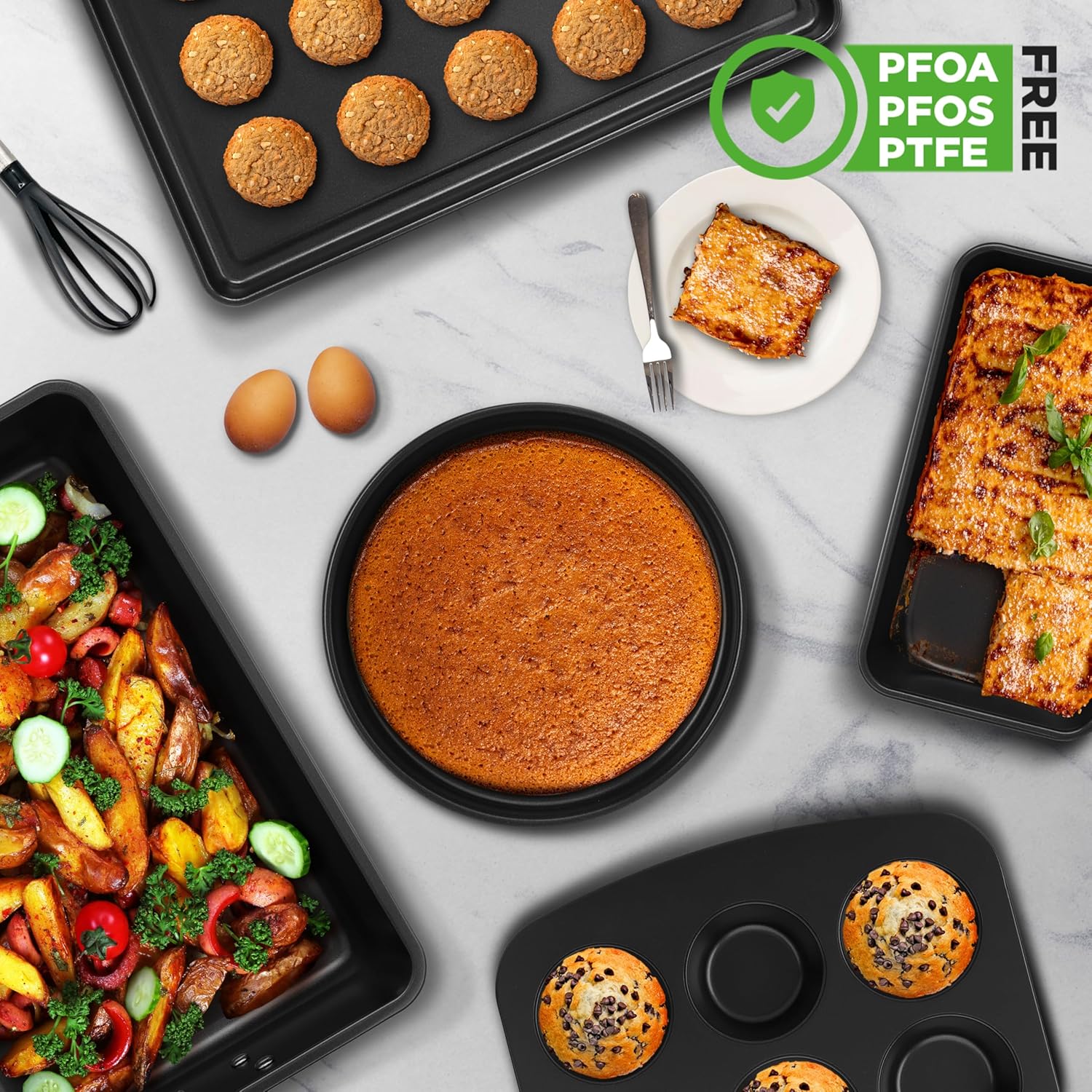 NutriChef 8-Piece Nonstick Bakeware Set - Non-Toxic Carbon Steel Trays with Cookie Sheet, Muffin, Loaf, Cake, Round & Square Pans - Easy to Clean & Oven Safe - Brown