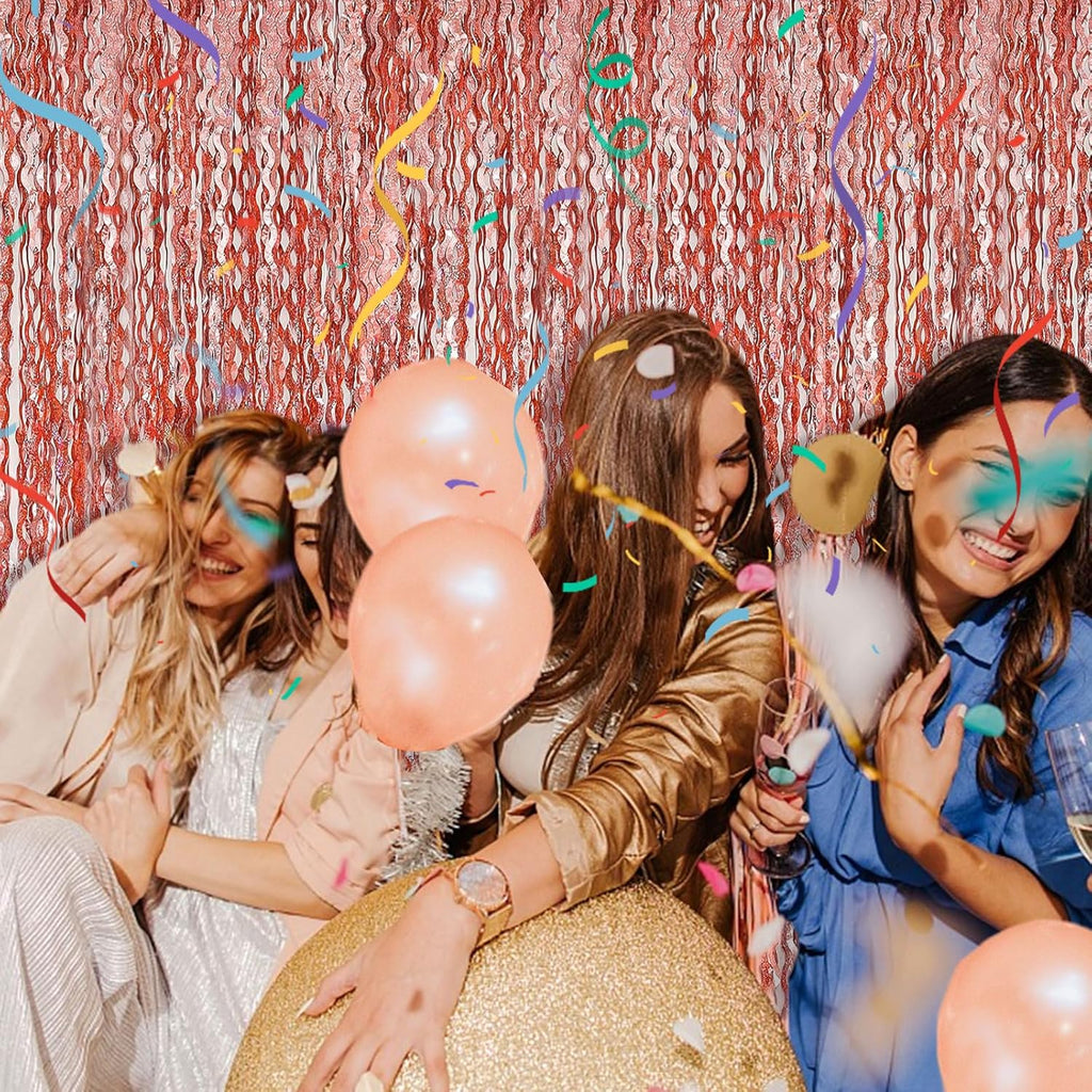 Rose Gold Tinsel Foil Fringe Curtains - Sparkling Wavy Backdrop for Parties & Events