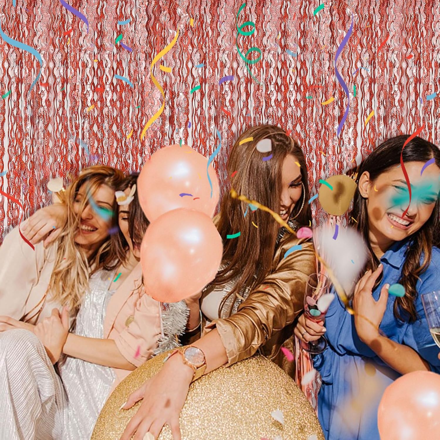 Rose Gold Tinsel Foil Fringe Curtains - Sparkling Wavy Backdrop for Parties & Events