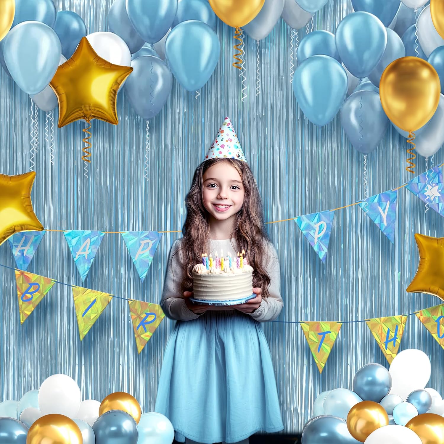 Skiennix Metallic Light Blue Fringe Backdrop - 3.2x8.2ft Shining Foil Tinsel Curtains for Parties & Events