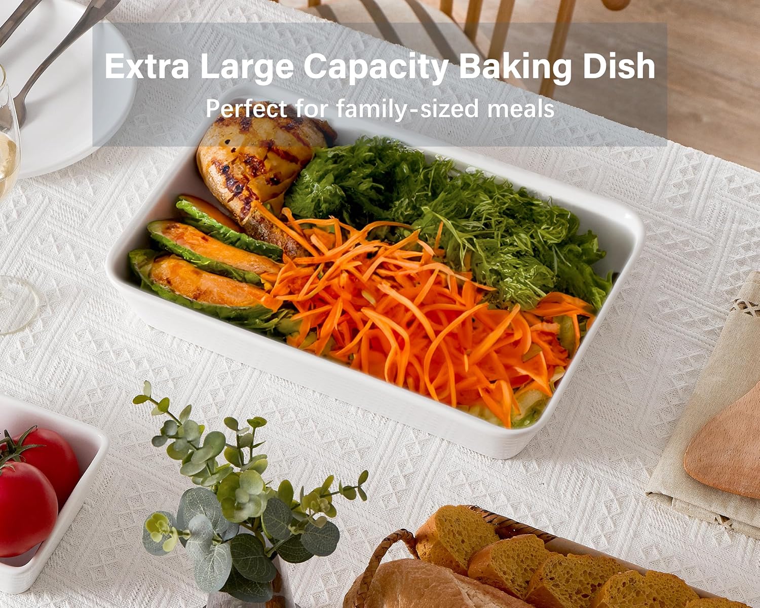 ONEMORE Ceramic Baking Dish - 9x13 Large Rectangular Casserole Pan for Family Meals | Ribbed White Bakeware