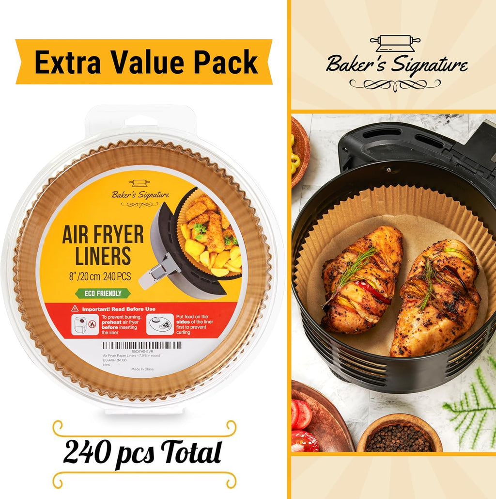 Baker's Signature 250 Pcs Air Fryer Liners - Non-Stick & Oil Proof for Easy Cleanup | 8 Inch for 5-8 Qt Baskets