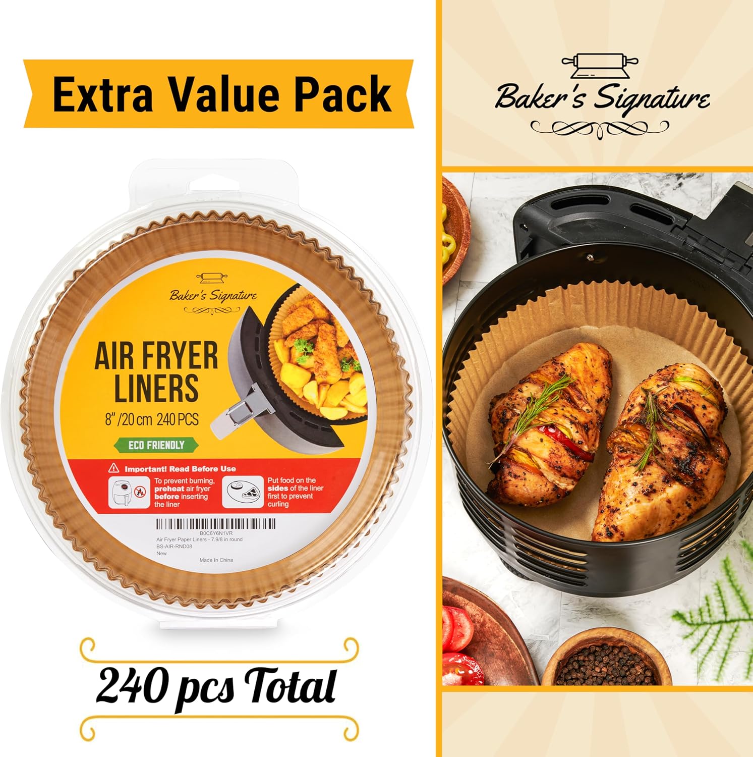 Baker's Signature 250 Pcs Air Fryer Liners - Non-Stick & Oil Proof for Easy Cleanup | 8 Inch for 5-8 Qt Baskets