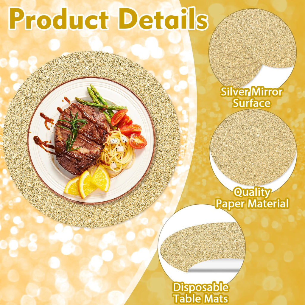 50PCS Light Gold Paper Placemats Disposable 13.4 Inch Shiny Golden Place Mats Round Decorative Glitter Table Mats for Birthday Wedding Holiday Party Decor Sparkle Dining Tableware