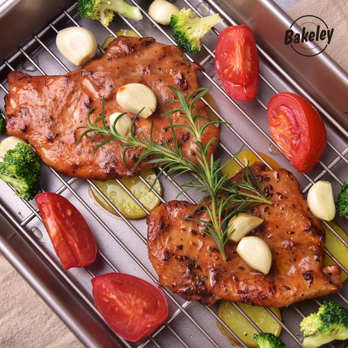 Bakeley 13-Inch Nonstick Roasting Baking Pan with Wire Rack(1Pan & 1Rack), Non-Stick Rectangular Deep Dish Oven-BBQ Bakeware for Oven Baking 13.78" x 9.84" x 2.36" (Champagne Gold)