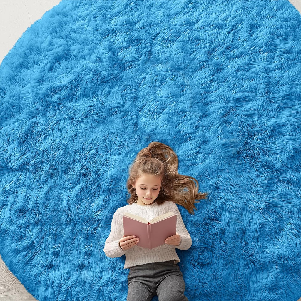 OLANLY Bright Blue Round Area Rug - Soft, Fluffy, Machine Washable 9 ft Circle Carpet for Bedroom & Living Room
