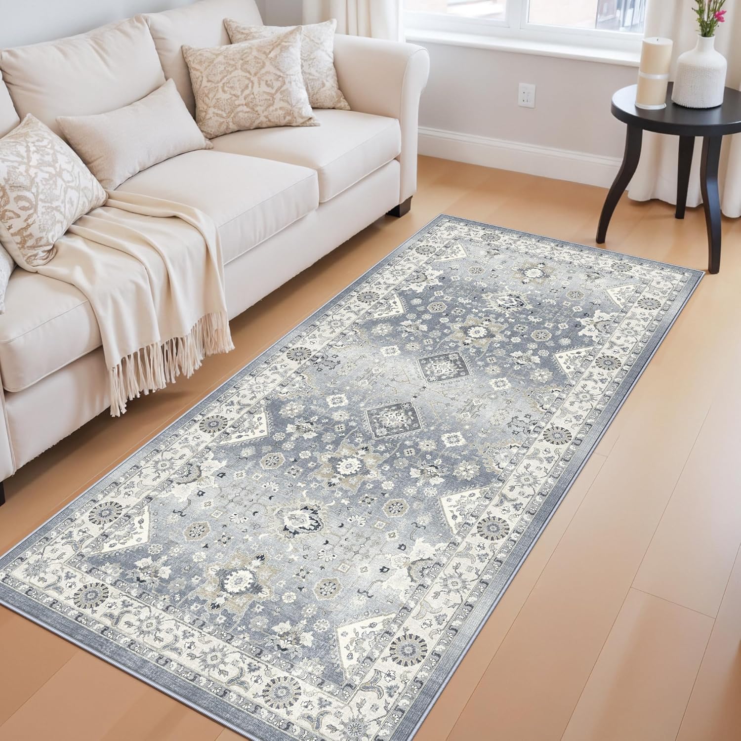 Skiennix 3x6 Vintage Washable Runner Rug - Non-Slip Soft Carpet for Kitchen & Entryway | Grey
