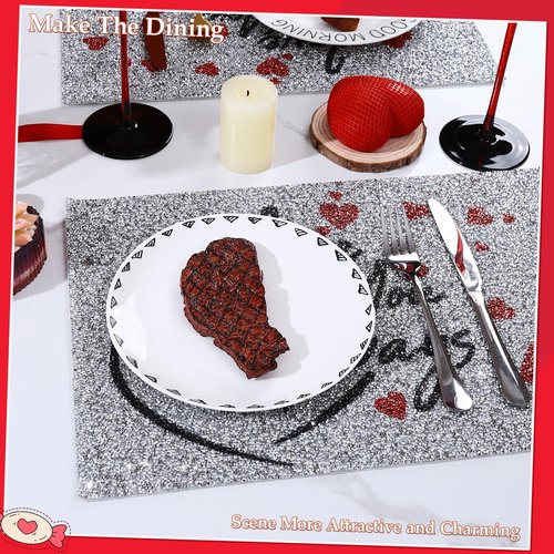 Cumouna Placemats Set of 4, Silver and Red Rhinestones Table Mat Home Decoration for Centerpiece Dining Table Love You Always Valentines Day Family Frineds Birthday Gifts