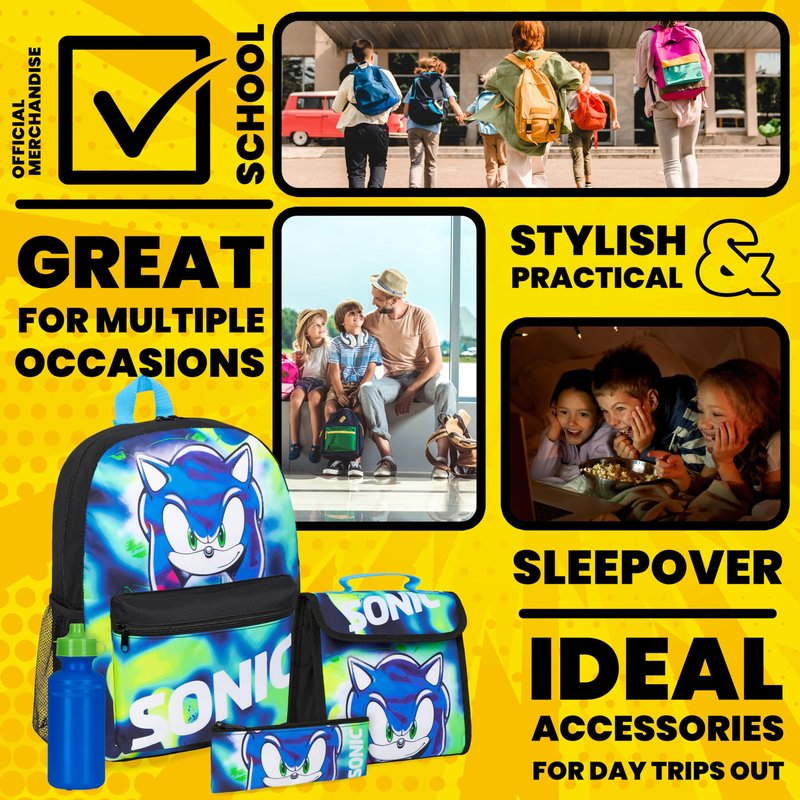 Sonic The Hedgehog Backpack Set 4 Pcs with Insulated Lunch Bag Water Bottle Pencil Case Shadow School Supplies Gift for Kids (Sonic 4 Pcs Set)