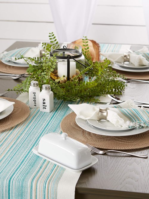 DII Everyday Collection Fringed Stripe Tabletop, Table Runner, 14x72, Teal