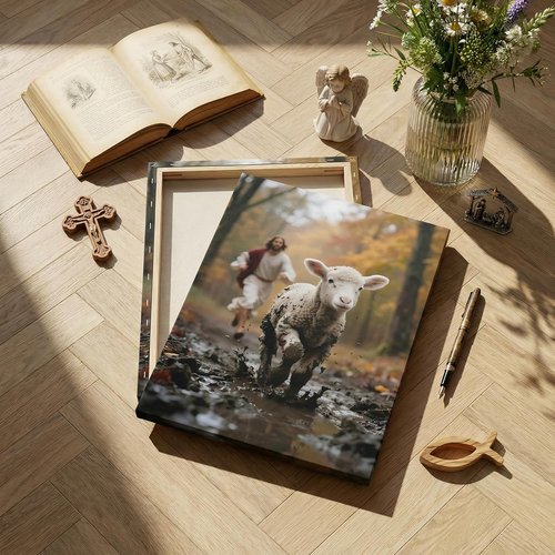 Jesus Canvas Wall Art - Good Shepherd Running After Lost Lamb | Christian Decor for Home & Church