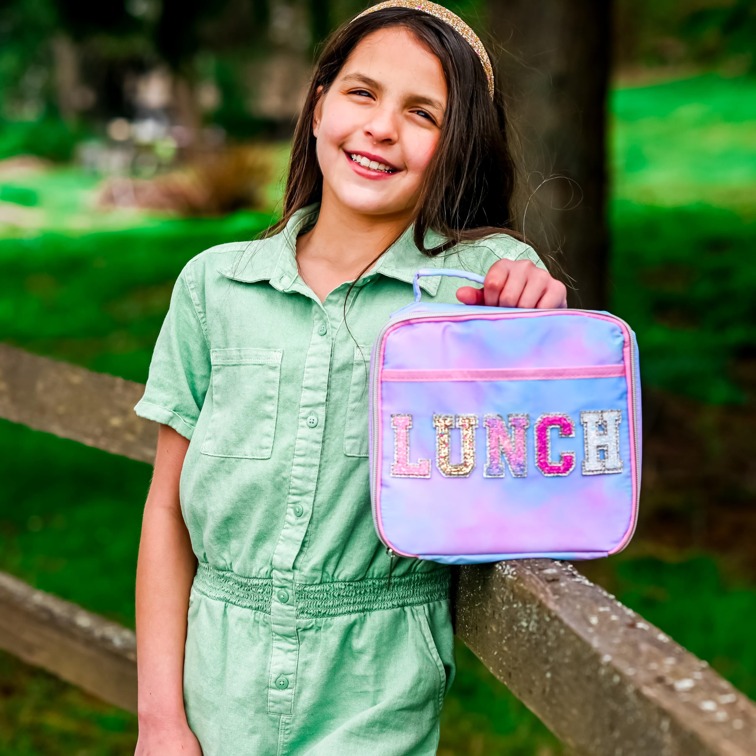 FROG SAC Kids Lunch Bag for Girls, Reusable Insulated Preppy Tie Dye Glitter Varsity Letter Patch Lunch Box for Kids, Cute Soft Back to School Tween Lunchbox, Christmas Girl Stocking Stuffers