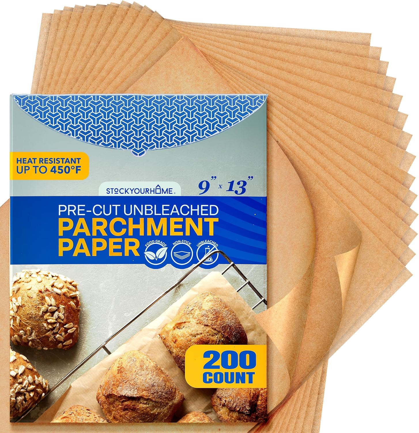 Stock Your Home Unbleached Parchment Paper Sheets - 200 Pre-Cut Baking Sheets | 9x13” Oven Liners
