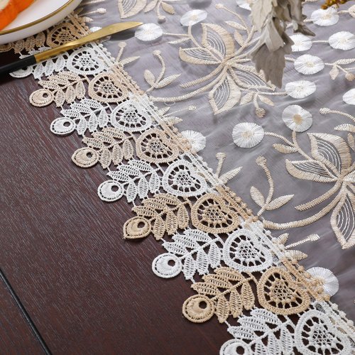 Lace Table Runner Floral Embroidery Fabric Rustic Table Runners Elegant Chic Table Transparent Cover for Home Dining Room Tabletop Decor Wedding Party Dresser (Champagne&White, 16 x 87 Inch)