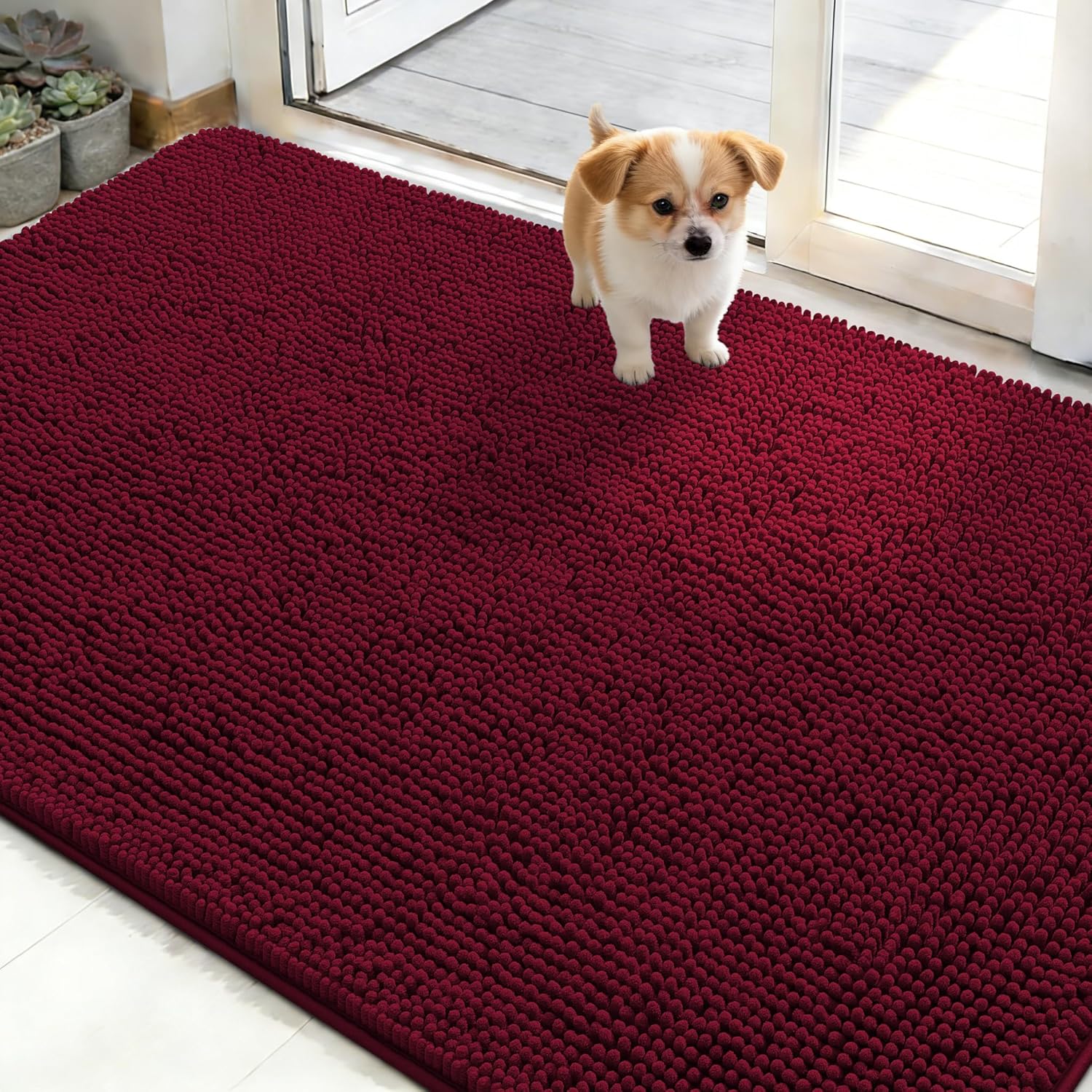 OLANLY Dog Door Mat - Absorbent Non-Slip Washable Mud Mat for Muddy Paws | 48x30 Burgundy