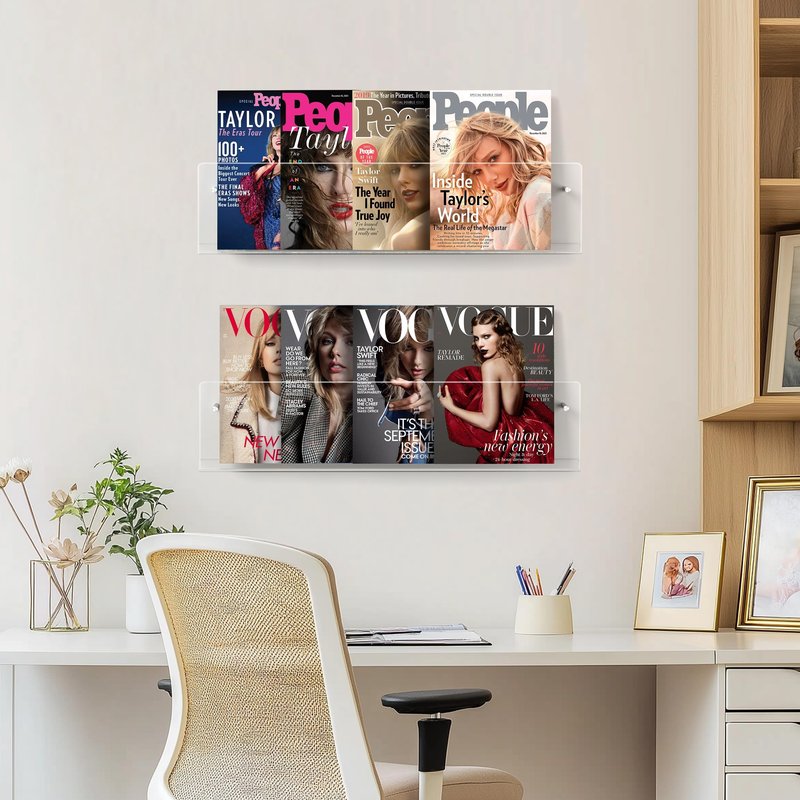 HBlife 24 Inch 2 Pack Clear Acrylic Magazine Holder, Wall Mounted Floating Bookshelf, Brochure Display Rack for Office, Living Room, Waiting Room, Nursery, Home Storage