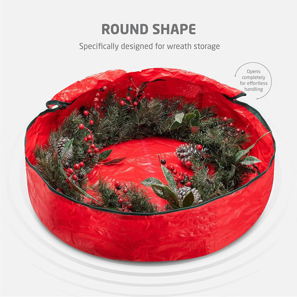 ZOBER Christmas Wreath Storage Container - 24 Inch Dual Zippered Bag with Durable Handles - Red