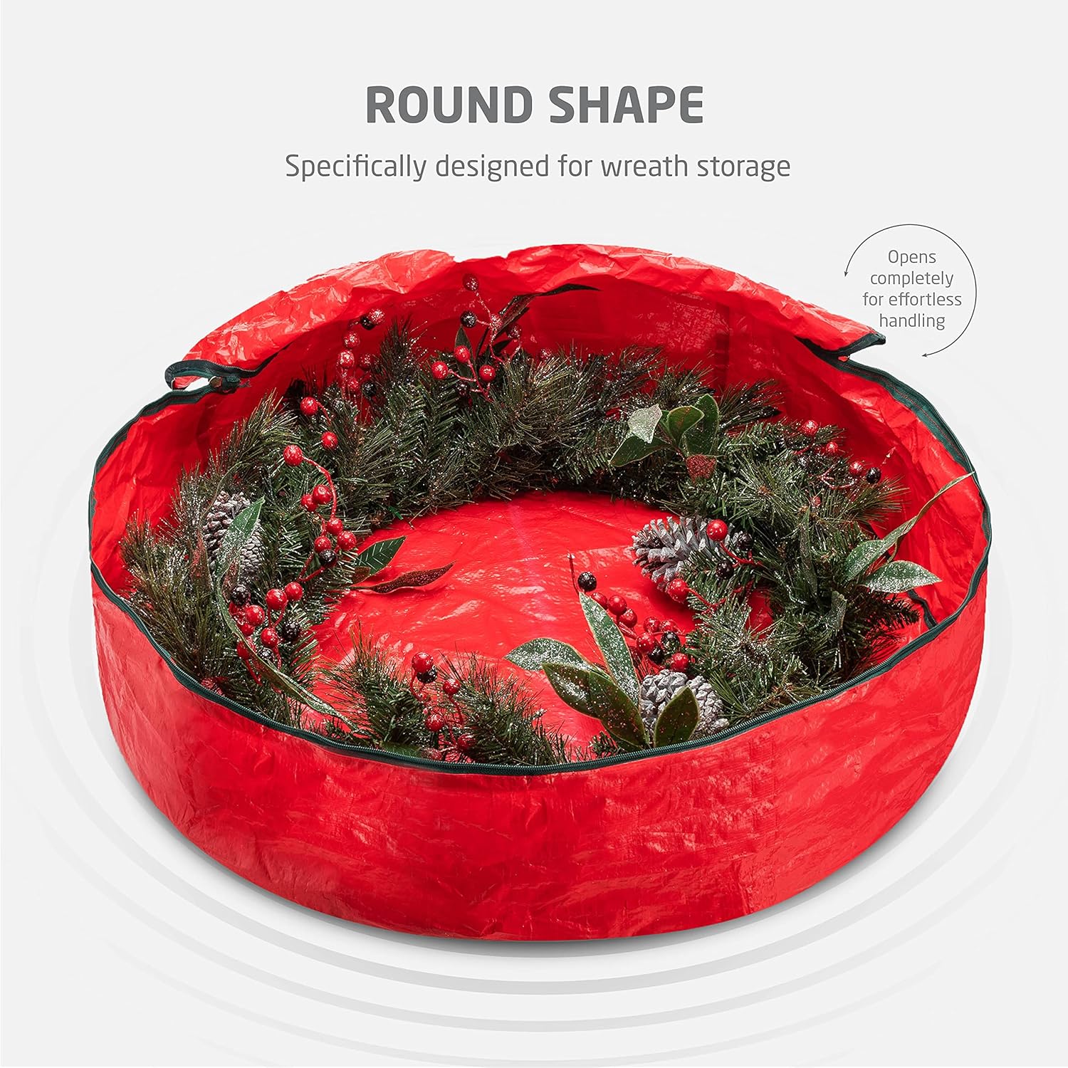 ZOBER Christmas Wreath Storage Container - 24 Inch Dual Zippered Bag with Durable Handles - Red