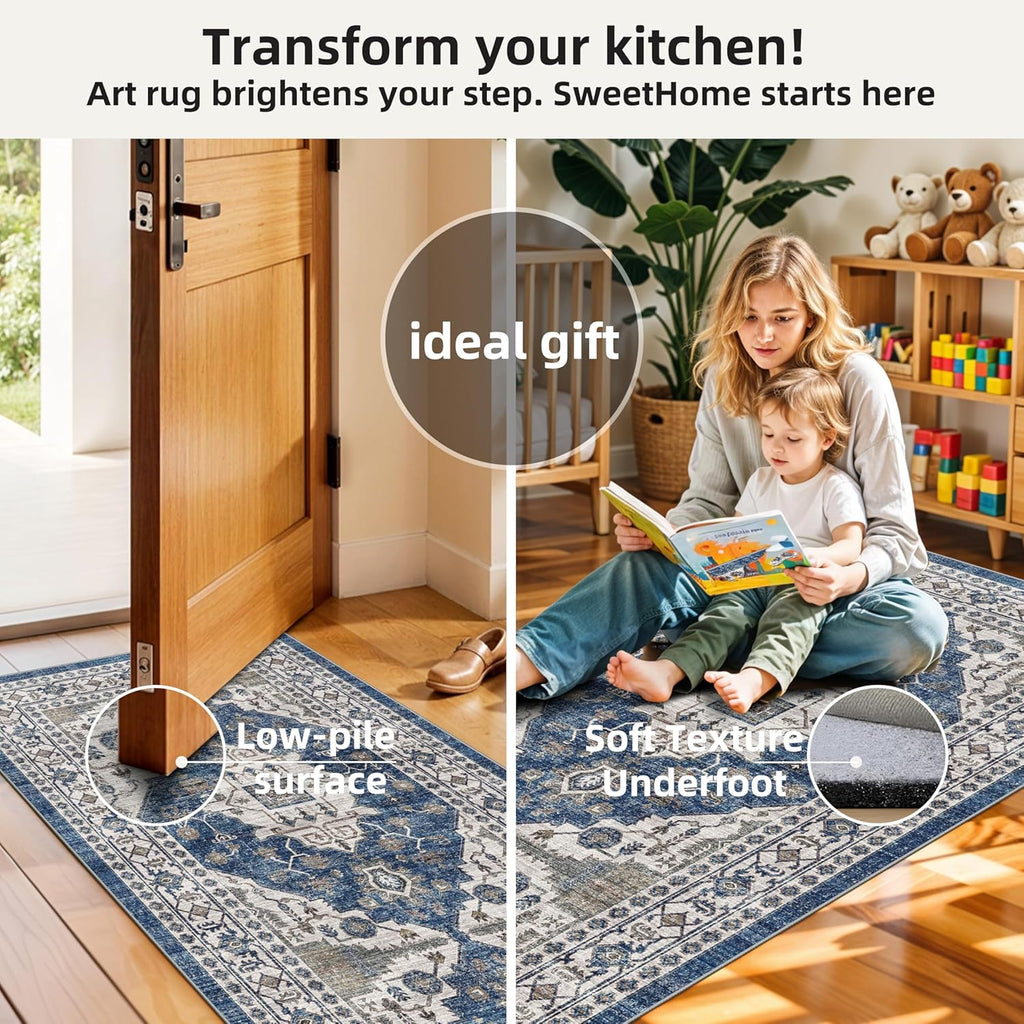 Skiennix Washable Kitchen Floor Mats - Non-Slip Water-Resistant Rugs | Soft Decorative Set (2x3, 2x4, 2x5, 2x6, Blue)