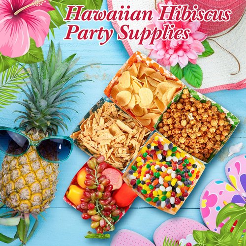 Nitial 48 Pcs Hibiscus Party Paper Food Trays Disposable Luau Party Food Boats Hawaiian Themed Decorations 5 lb Hawaiian Tray for Hibiscus Tropical Theme Supplies
