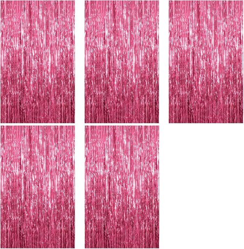 Foil Curtain Backdrop by [Brand Name] - Pink Metallic Tinsel Fringe for Photo Booths | 5 Pack Party Decorations