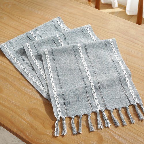 JIALE Table Runner, Rustic Farmhouse Table Runners with Tassels, Boho Cotton Linen Table Runner for Table Decorations, Holiday Party and Wedding, 90 Inches,Blue