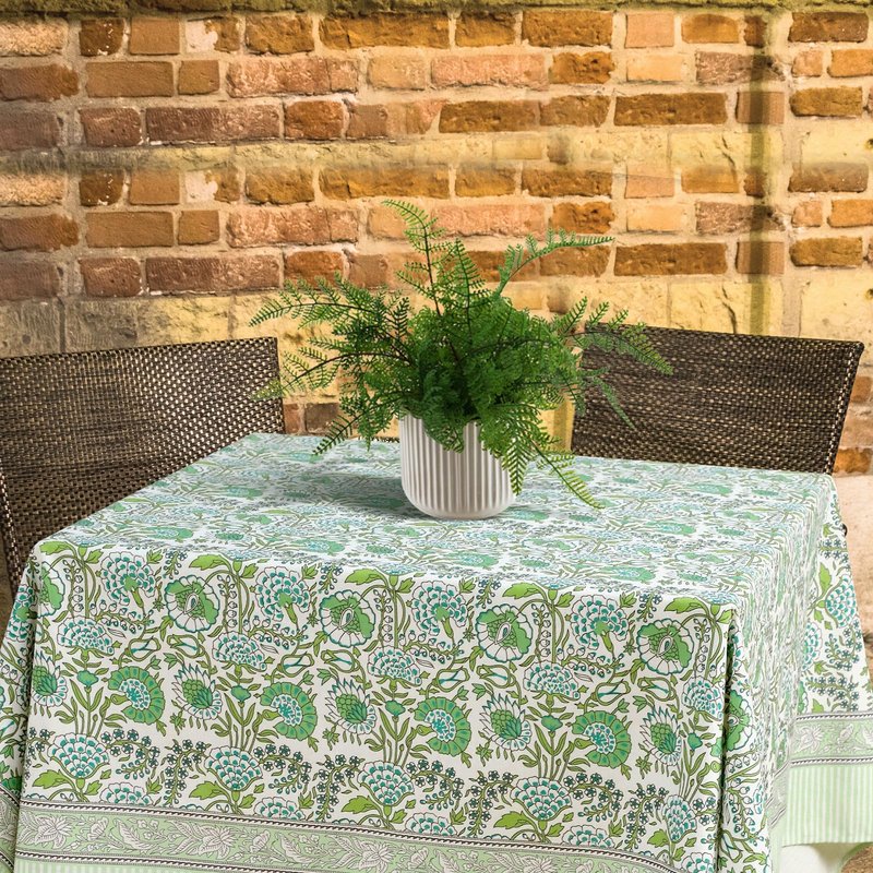 Newtay 60'' x 60'' Cotton Tablecloth Handmade Cotton Floral Tablecloth Washable Print Rectangle Table Cover with Dust Proof Wrinkle Resistant for Kitchen Dining Party Buffet(Green Pattern, Green)